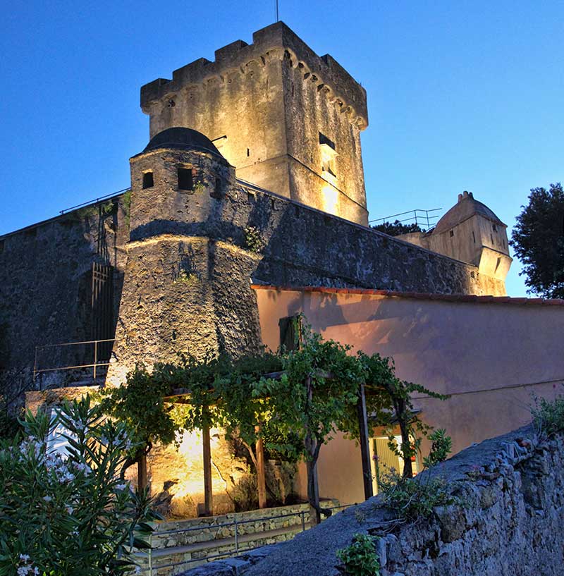 The San Terenzo castello at dusk on the Ligurian coast